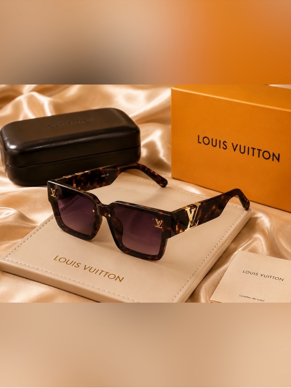 Dark Tortoiseshell Square Sunglasses with Gold LV Accents